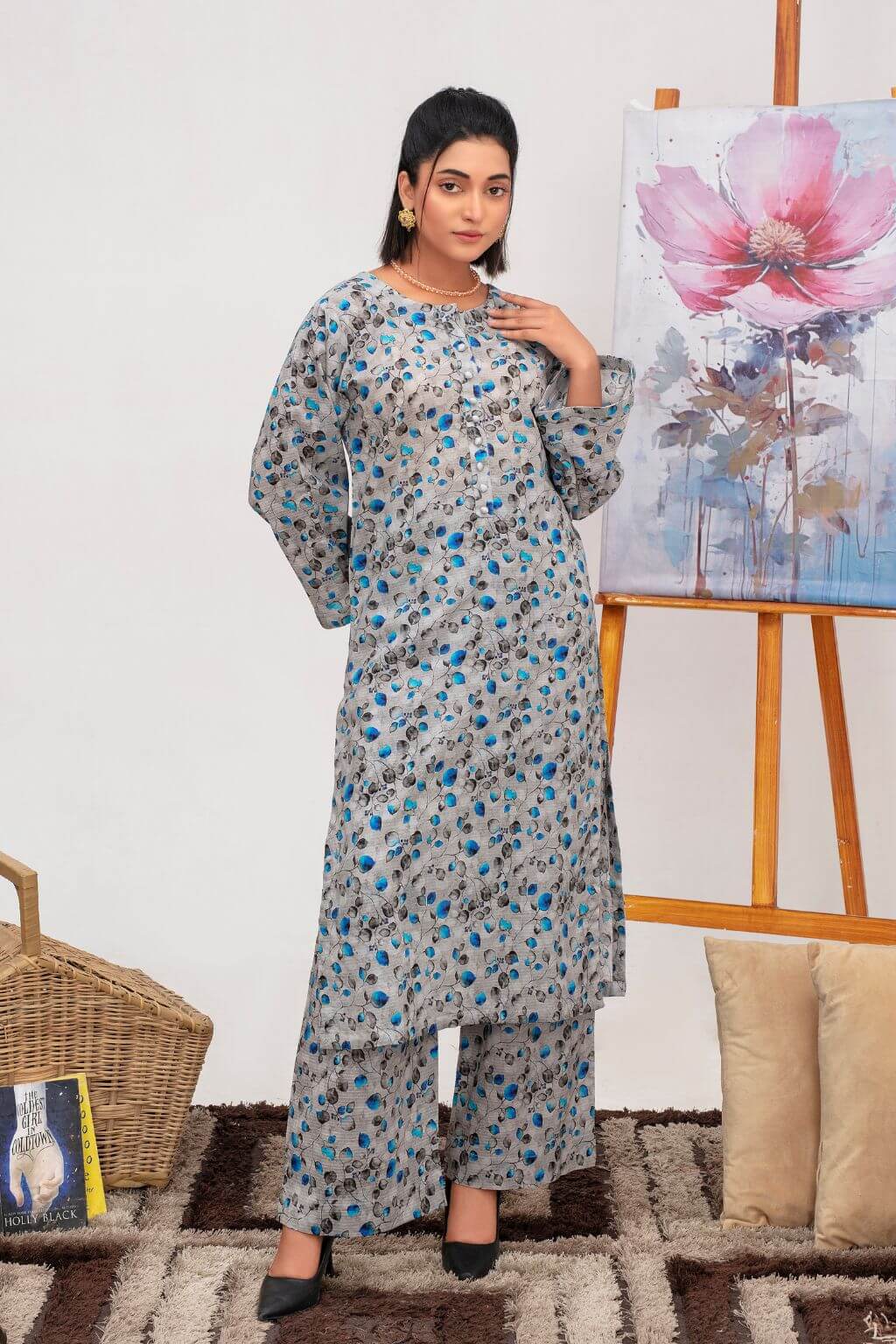 Azure Whisper lawn 2-piece summer suit with buttoned neckline shirt and plain trousers. Nishaq ready to wear.