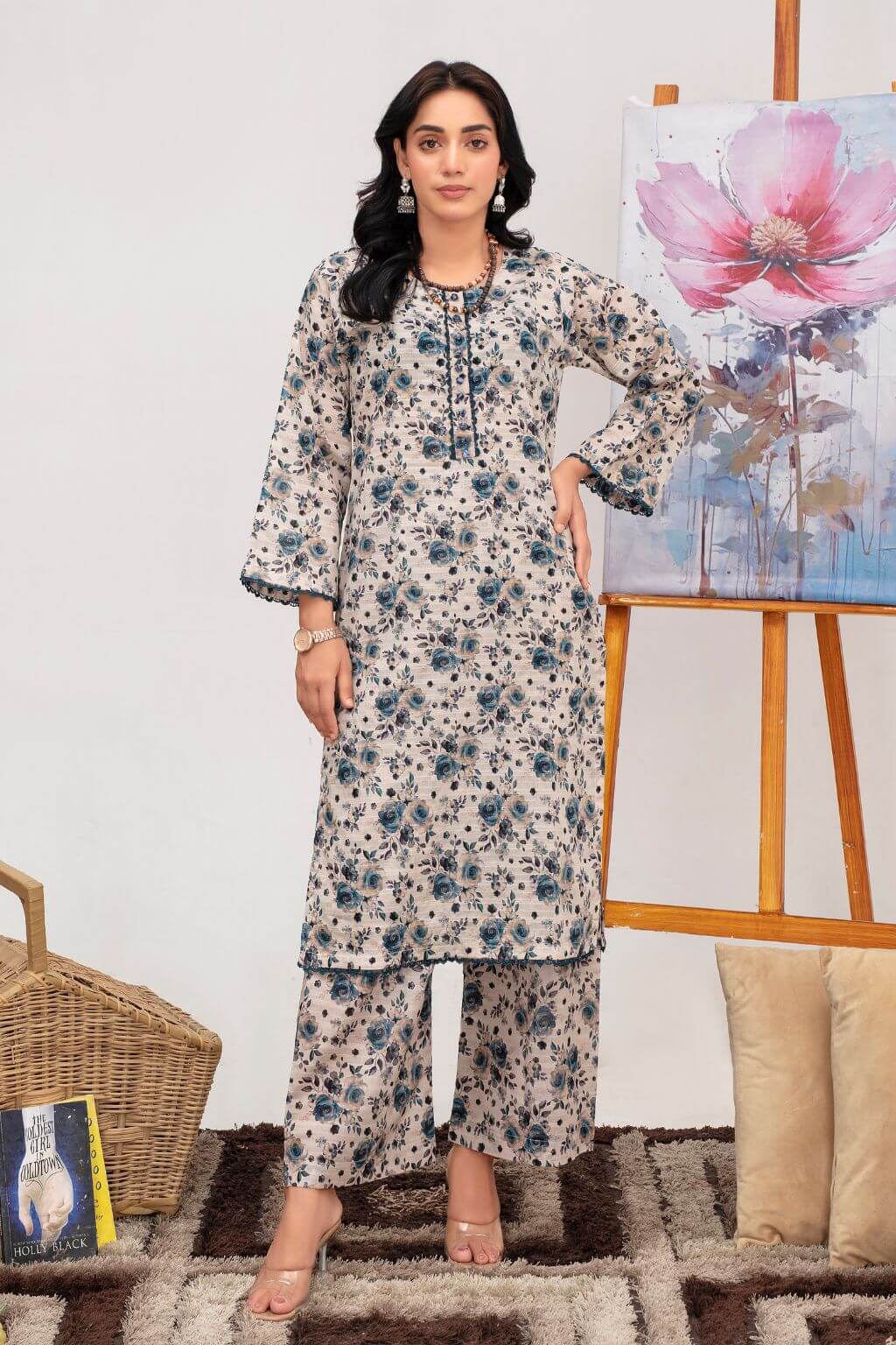Crystal Dew lawn 2-piece ready to wear suit with crystal button shirt and plain trousers. Nishaq summer lawn.