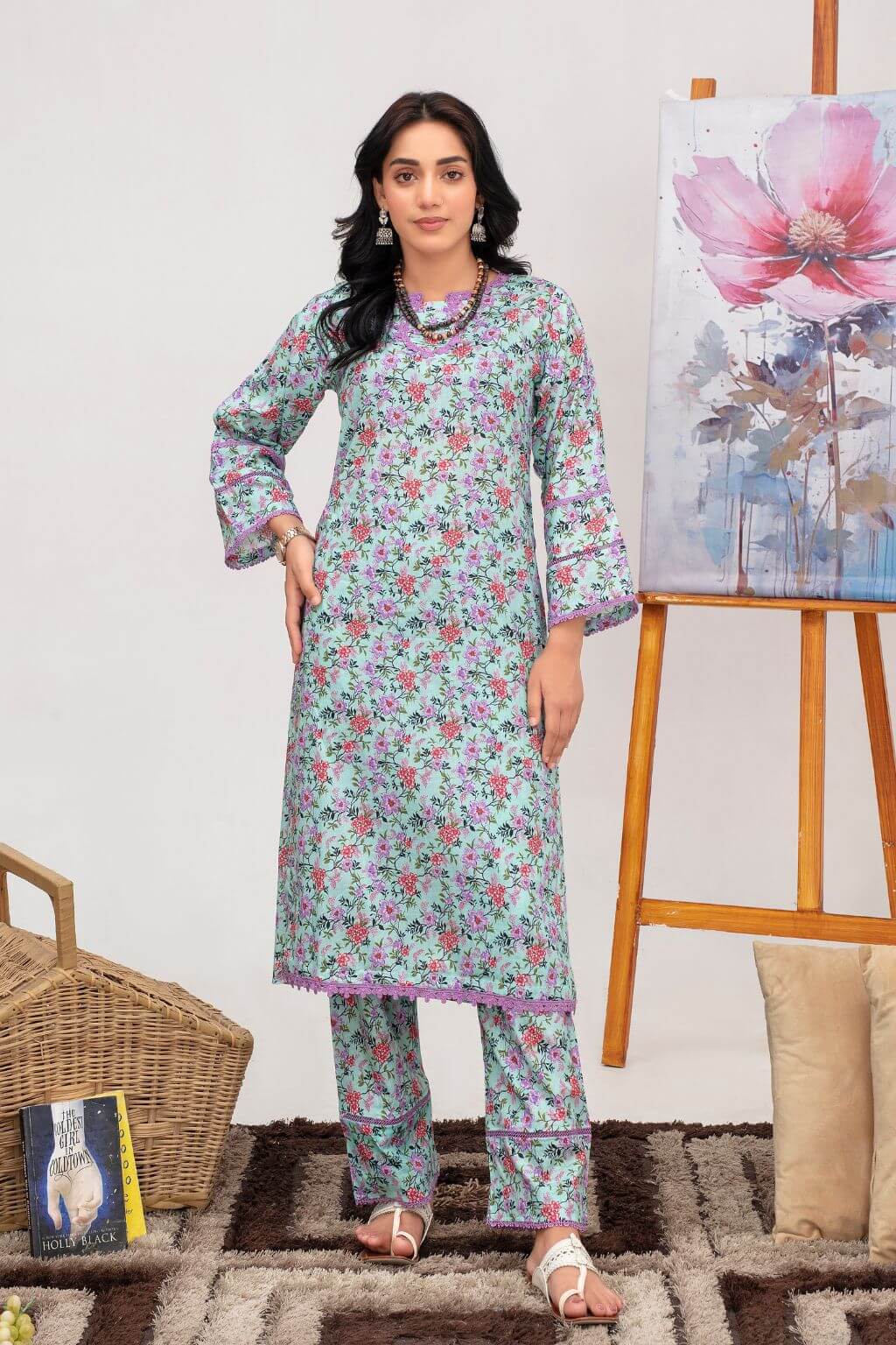 Floral Lace lawn 2-piece ready to wear suit featuring lace-detailed shirt and plain trousers by Nishaq.