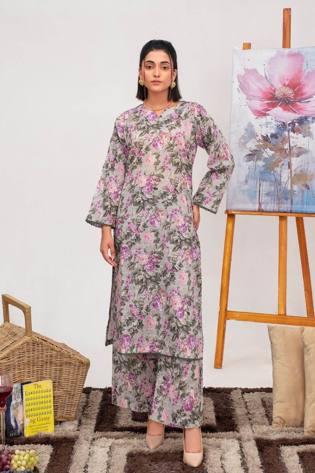Floral Whisper lawn 2-piece ready to wear set with lace-finished shirt and plain trousers by Nishaq.