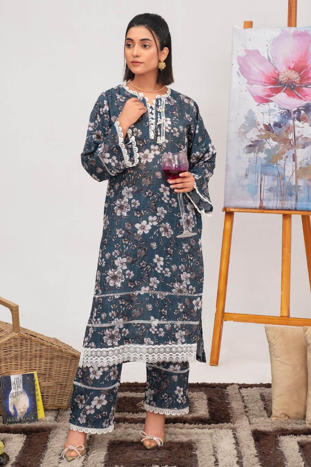 Midnight Bloom lawn 2-piece ready to wear outfit with lace trim, tassels, and matching trousers. Nishaq clothing.