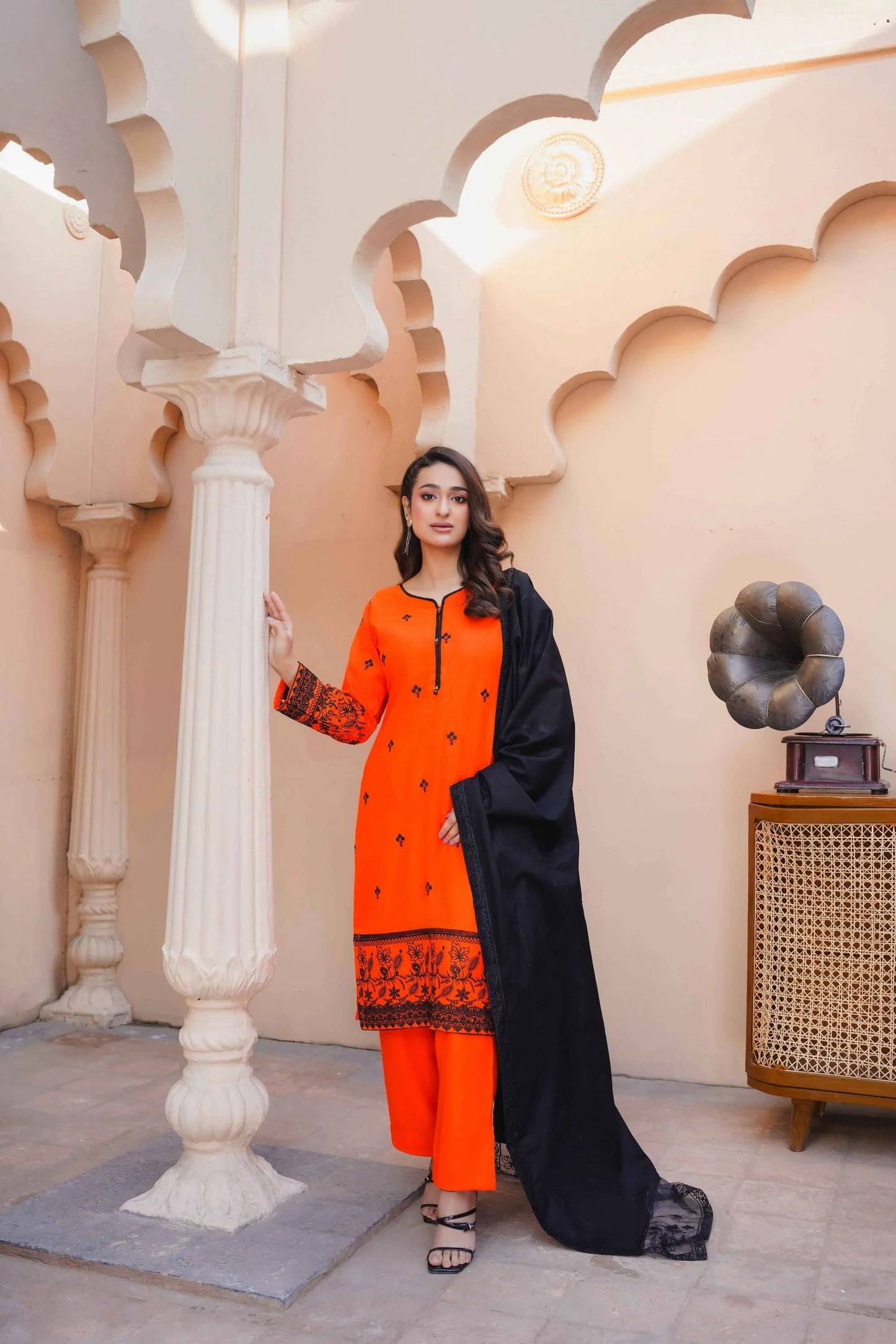 Orange Dhanak 3 piece suit