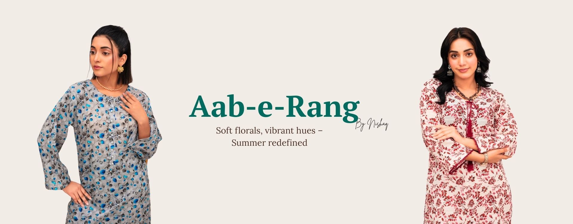 Aab-e-Rang summer lawn collection by Nishaq featuring 2-piece and 3-piece ready to wear suits with lace, embroidery, and floral designs.