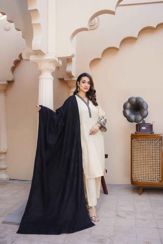 LAYLA 4 – Cream and Black Khaddar Embroidered 3-Piece Suit