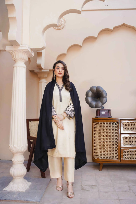 Cream Khaddar 3 piece suit