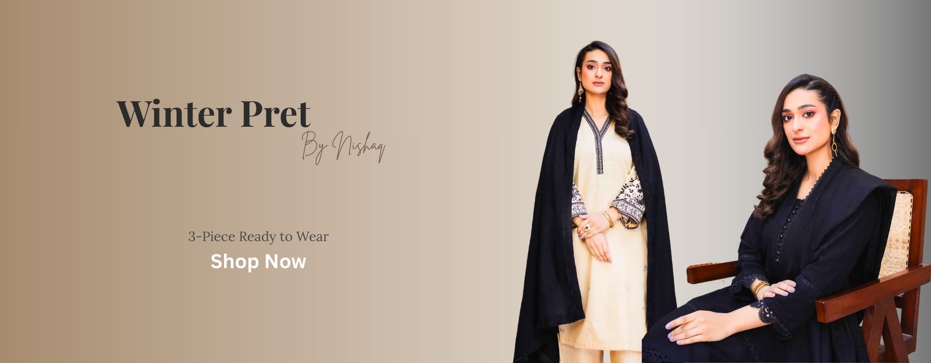 Nishaq Winter Collection featuring Khaddar and Dhanak 3-piece ready to wear suits with embroidery, lace trims, and warm seasonal fabrics.