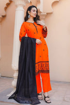 Zara 8 dhanak 3-piece winter suit with embroidered shirt, embroidered dupatta, and plain trousers by Nishaq.