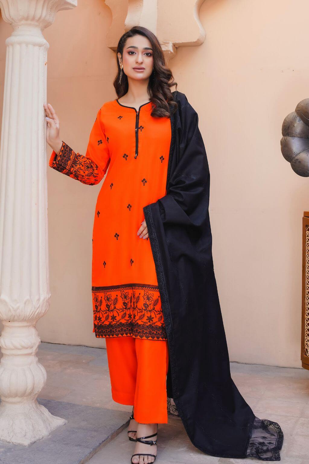 Zara 8 dhanak 3-piece winter suit with embroidered shirt, embroidered dupatta, and plain trousers by Nishaq.