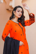 Zara 8 dhanak 3-piece winter suit with embroidered shirt, embroidered dupatta, and plain trousers by Nishaq.